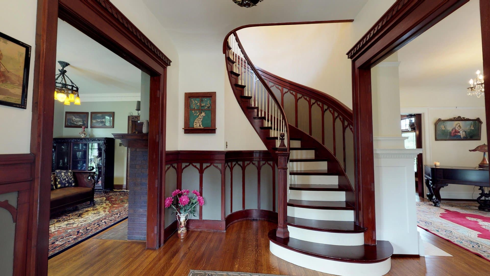 The restored spiral staircase inside Springdale Manor, 318 Sycamore St, Tiffin